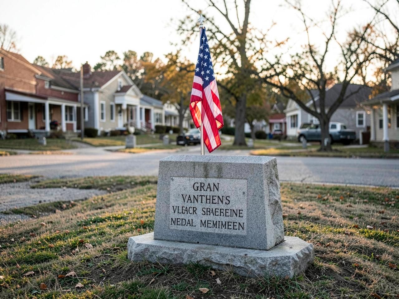 Granite veterans memorial with an American flag on a neighborhood green