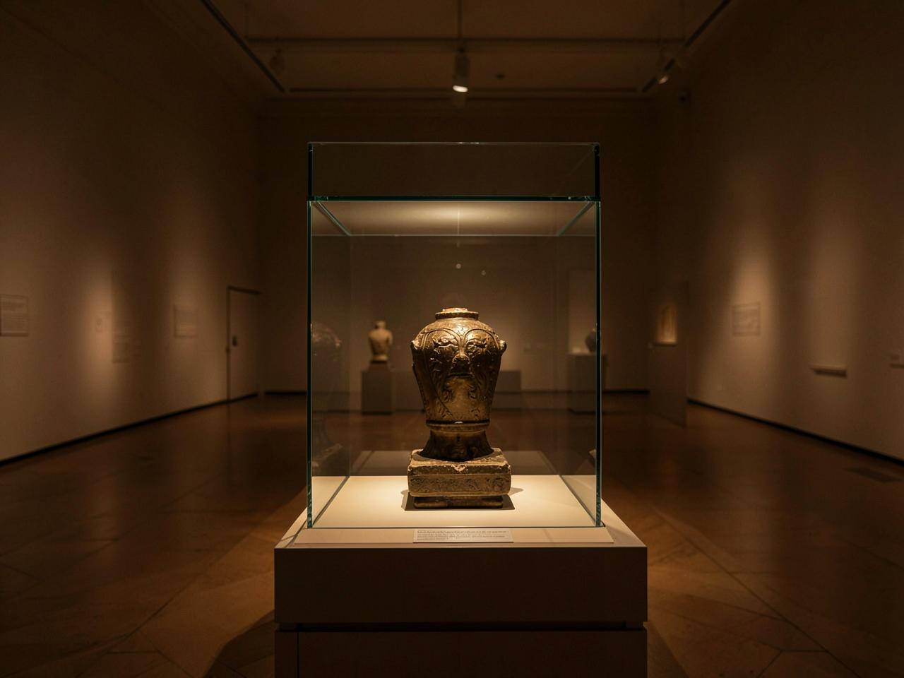 Single antique object lit inside a glass case in a quiet museum gallery