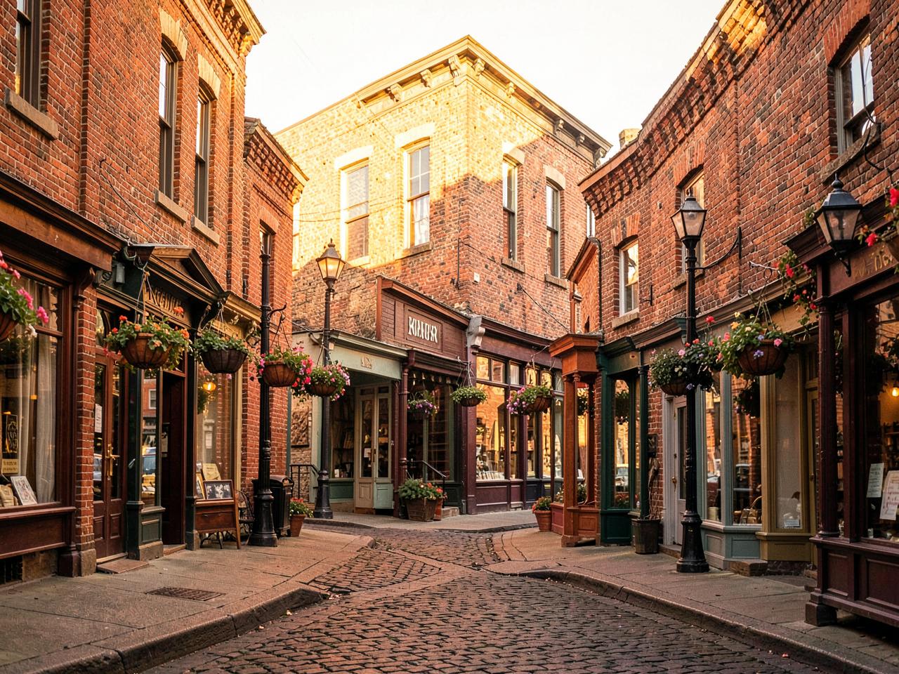 Historic brick main street with storefronts and lamp posts at golden hour