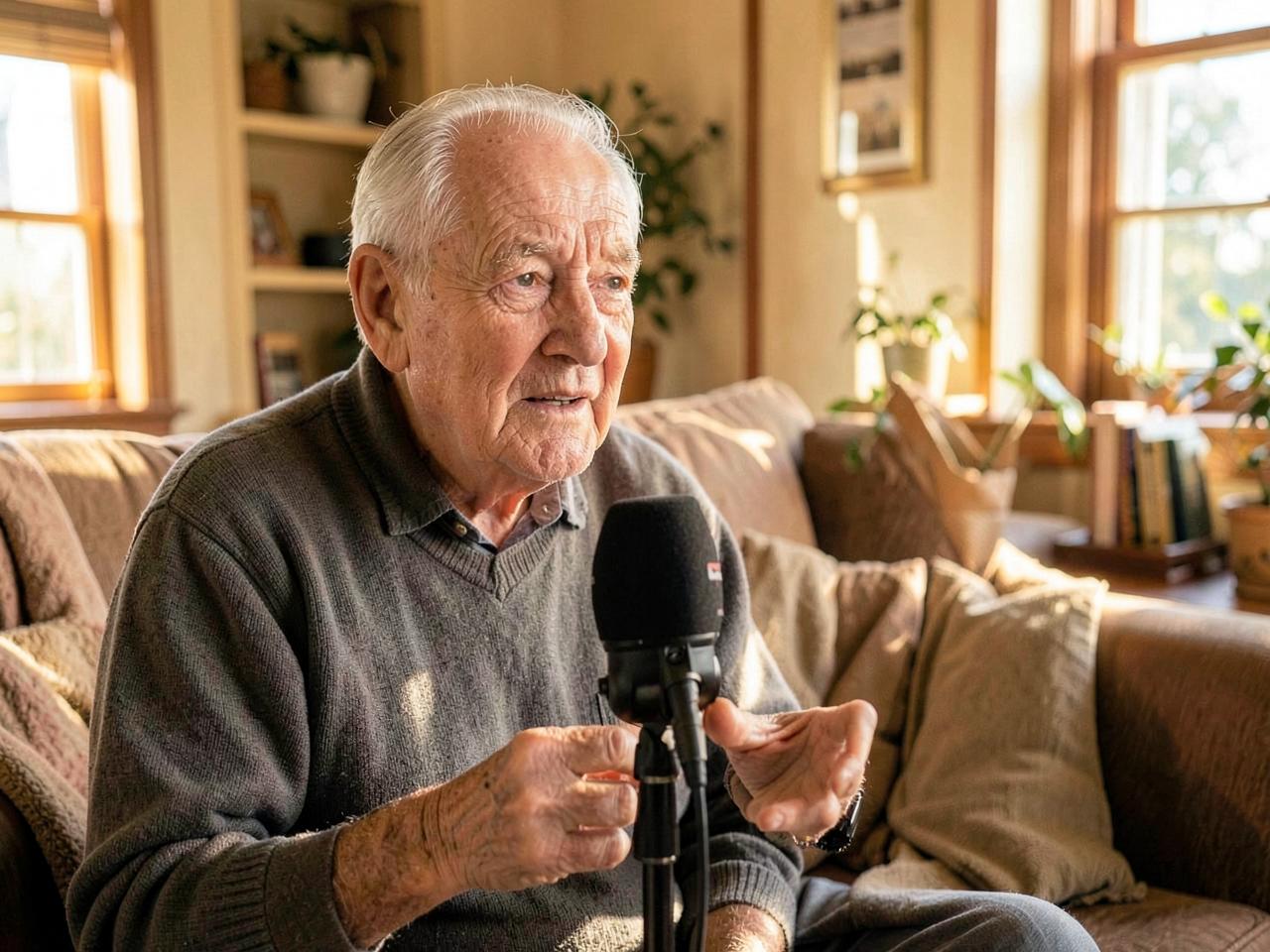 An older man speaking into a microphone during an oral history interview at home