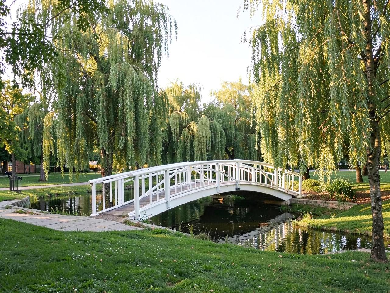 White footbridge over a pond framed by willow trees in a community park