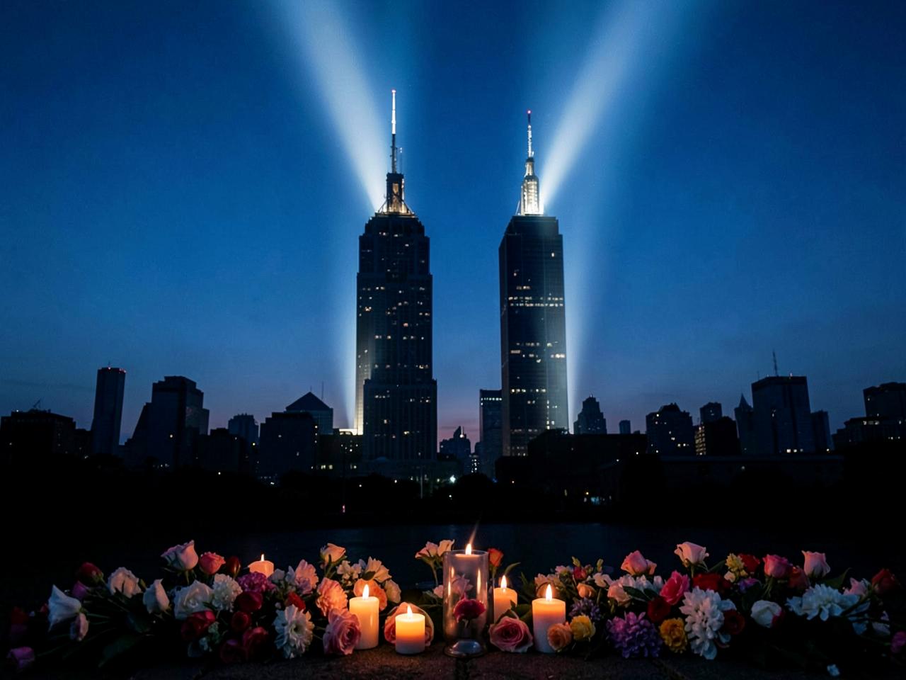 A September 11 memorial scene at dusk with tribute lights rising above flowers and candles