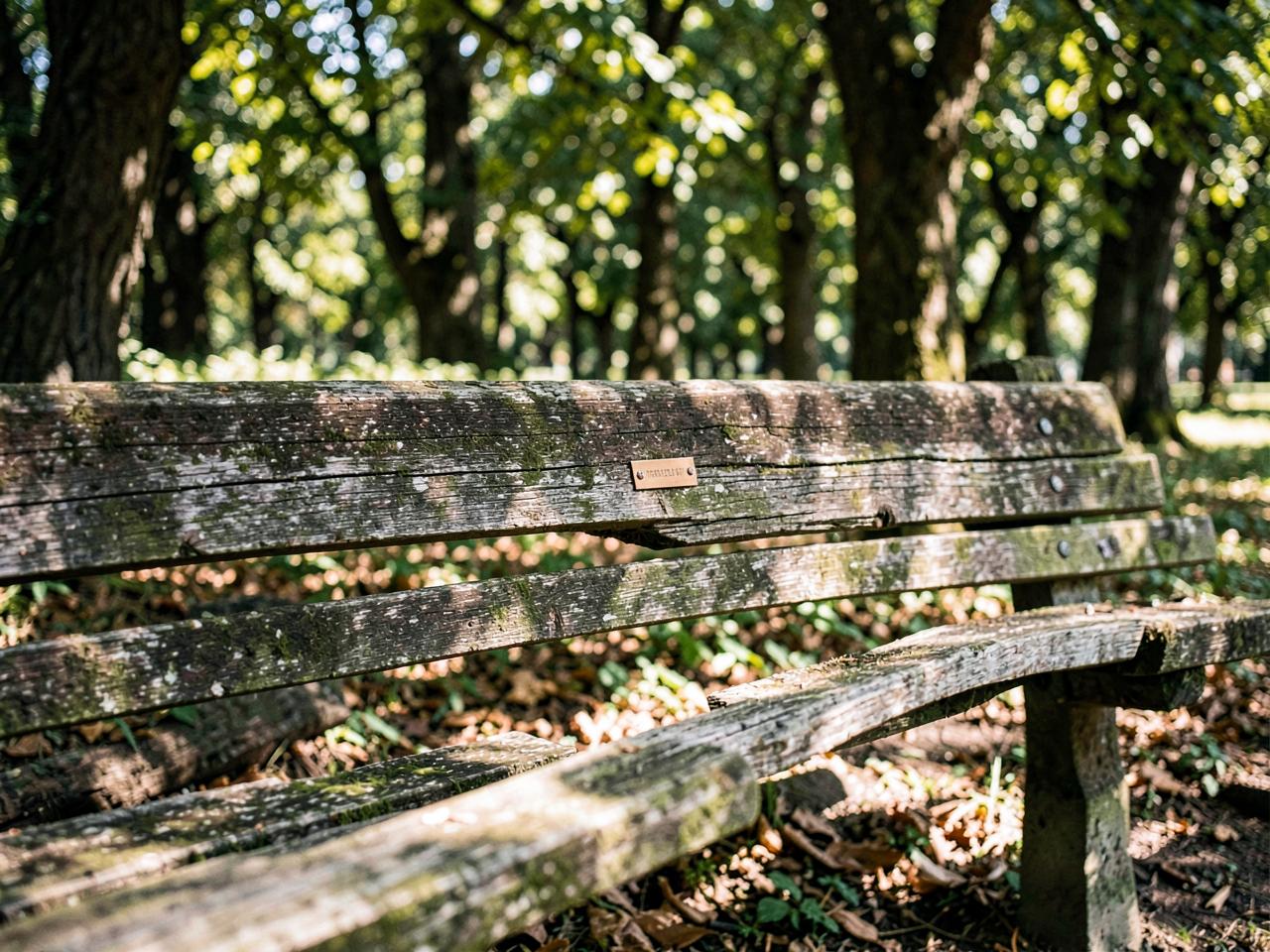 A weathered wooden park bench in dappled light with a small brass plate set into the backrest