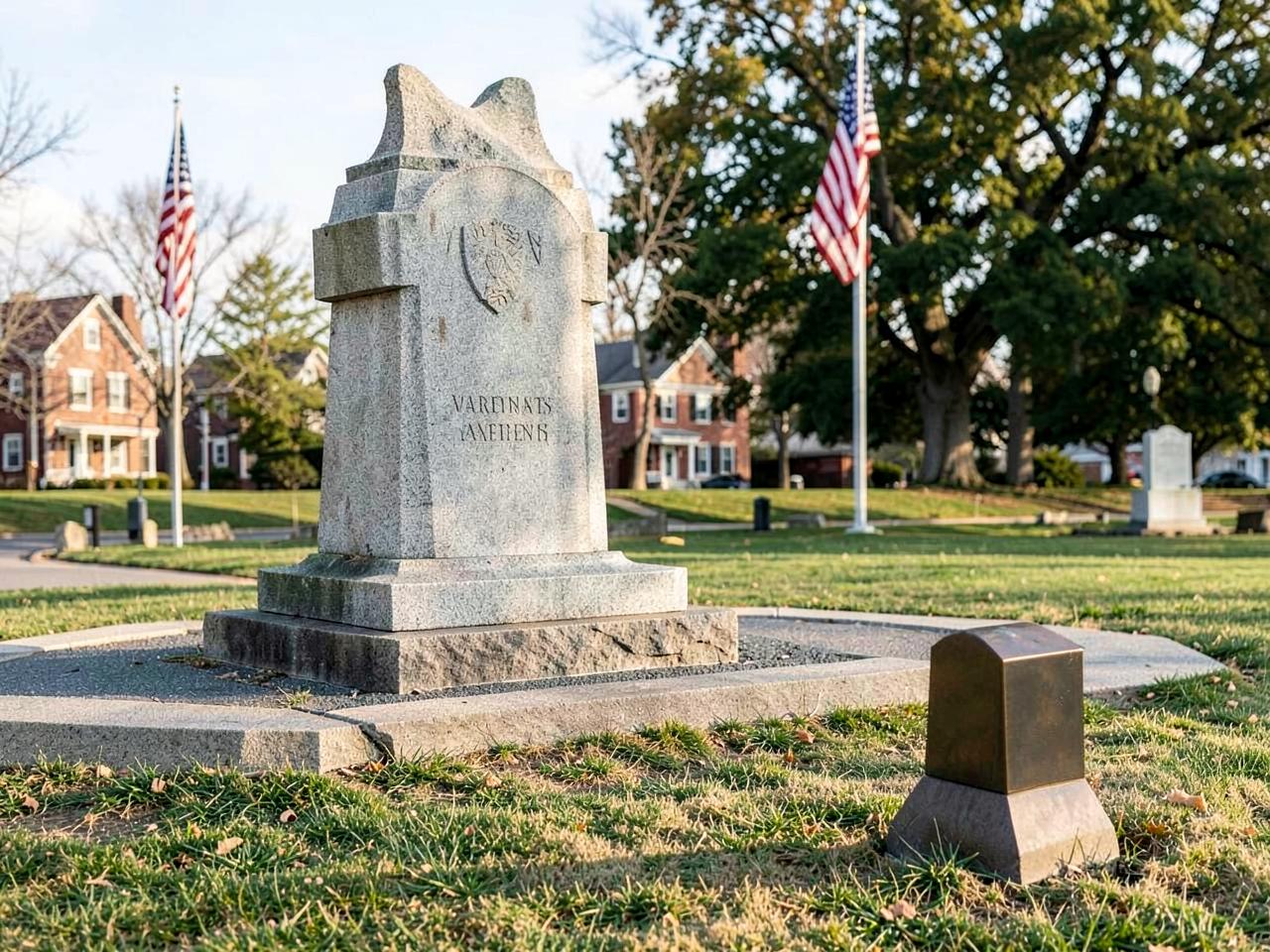 A granite veterans memorial on a town common with a small low bronze marker set back at the edge of the lawn