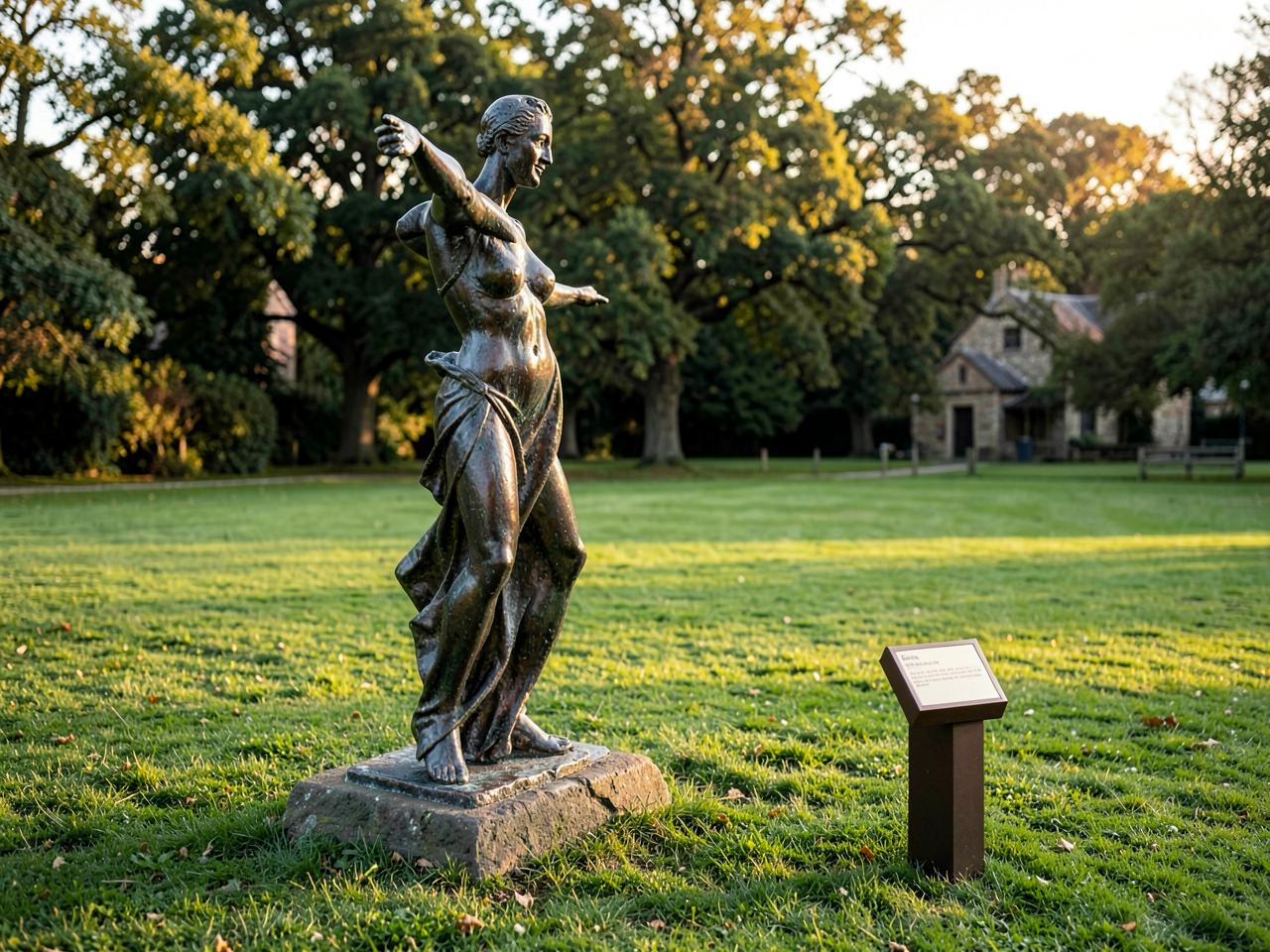 A bronze dancer sculpture on a village green, with a small low marker standing several feet away in the grass