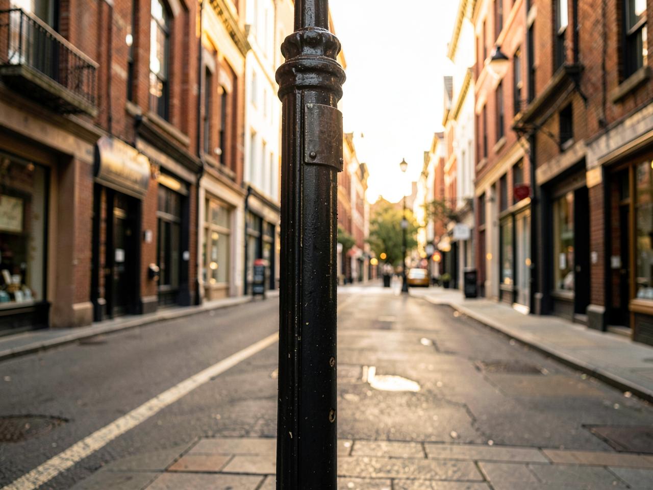 A historic main street at golden hour with a small plate added to an existing cast-iron wayfinding post
