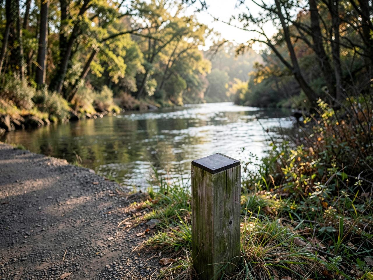 A woodland river trail with a short weathered wooden post carrying a small dark marker plate at its top