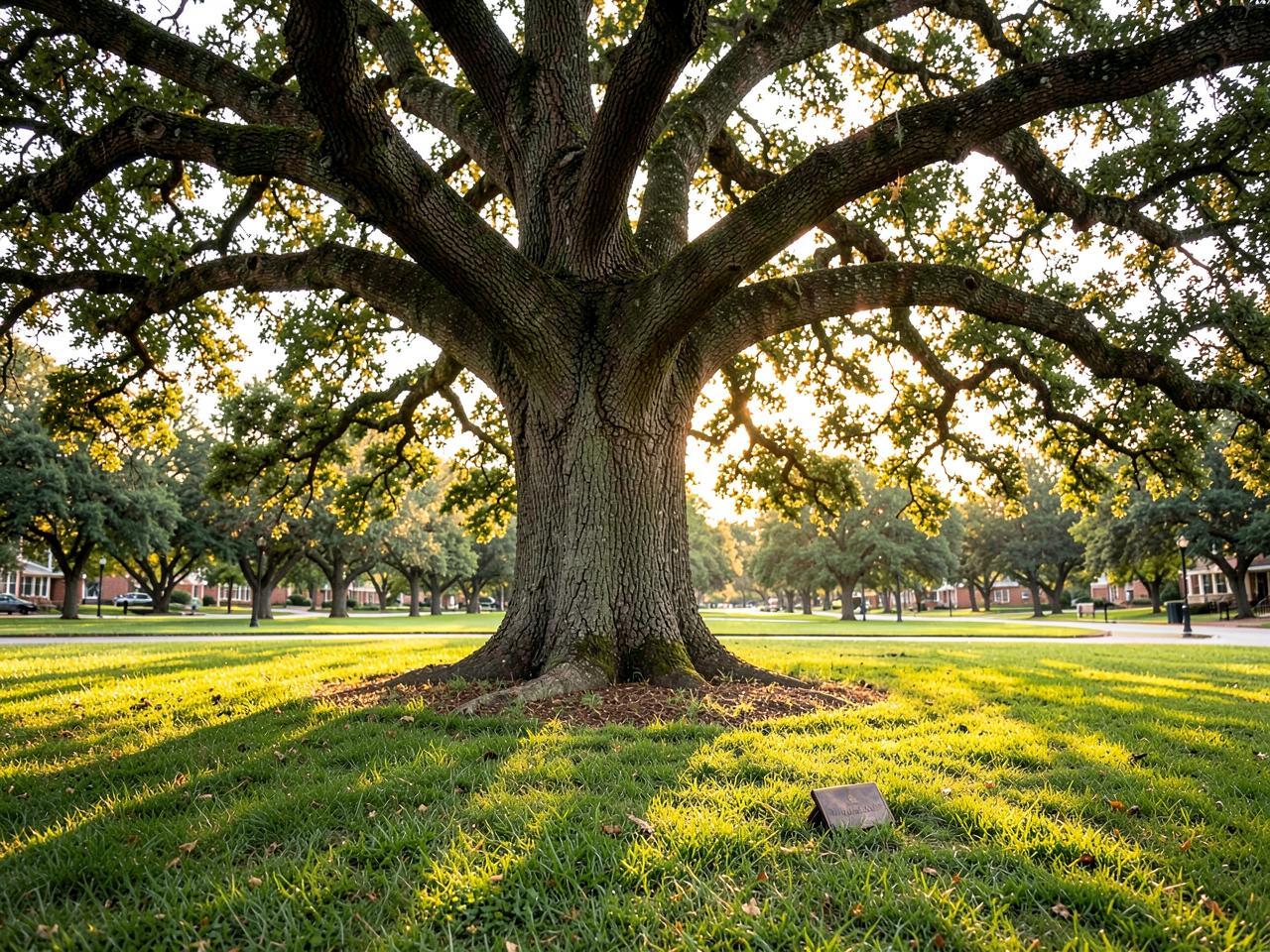 A magnificent old oak tree with an untouched trunk and a small flush bronze marker set into the grass several feet away