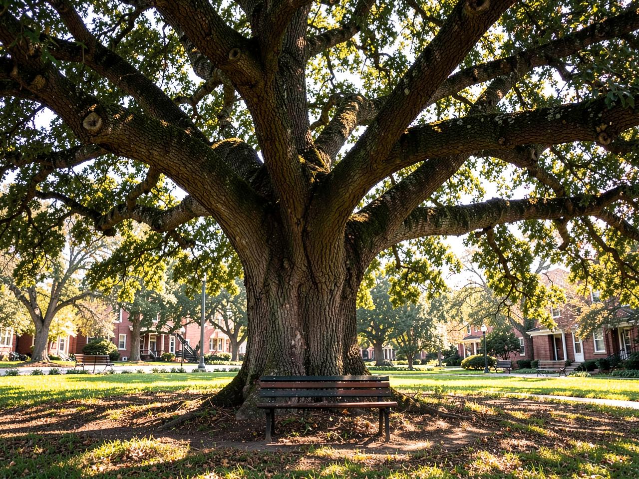 Enormous old oak tree shading a bench in a community park